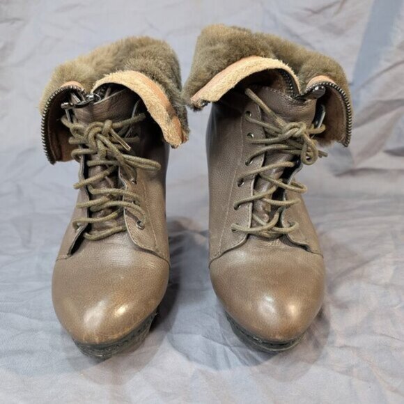 Vinsor Brown Leather Fold Over Fur Heel Boots Lug Sole Women Size 225 - Picture 3 of 9